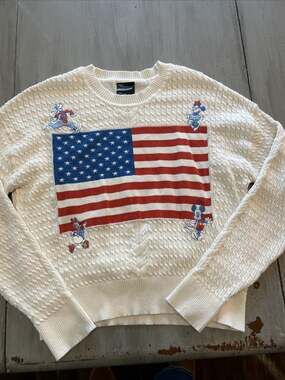Disney American Flag Cable Knit Sweater Embroidered Minnie Goofy Sz Small